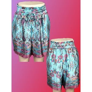 Kaktus Women +1X Floral Paisley Smocked Tie Waist Satin Pockets Shorts Teal Pink